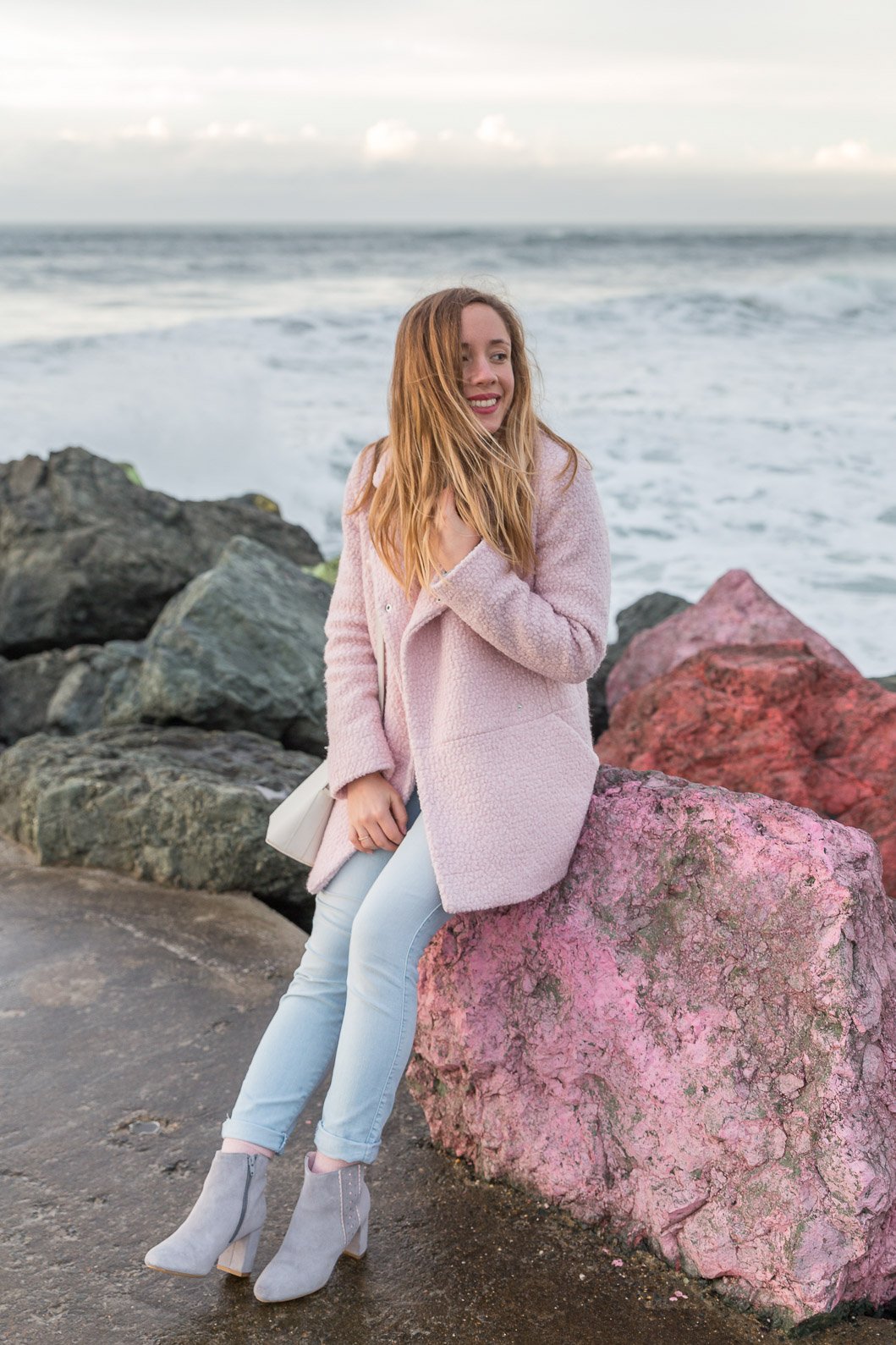 blog mode tenue du jour manteau rose Pastel