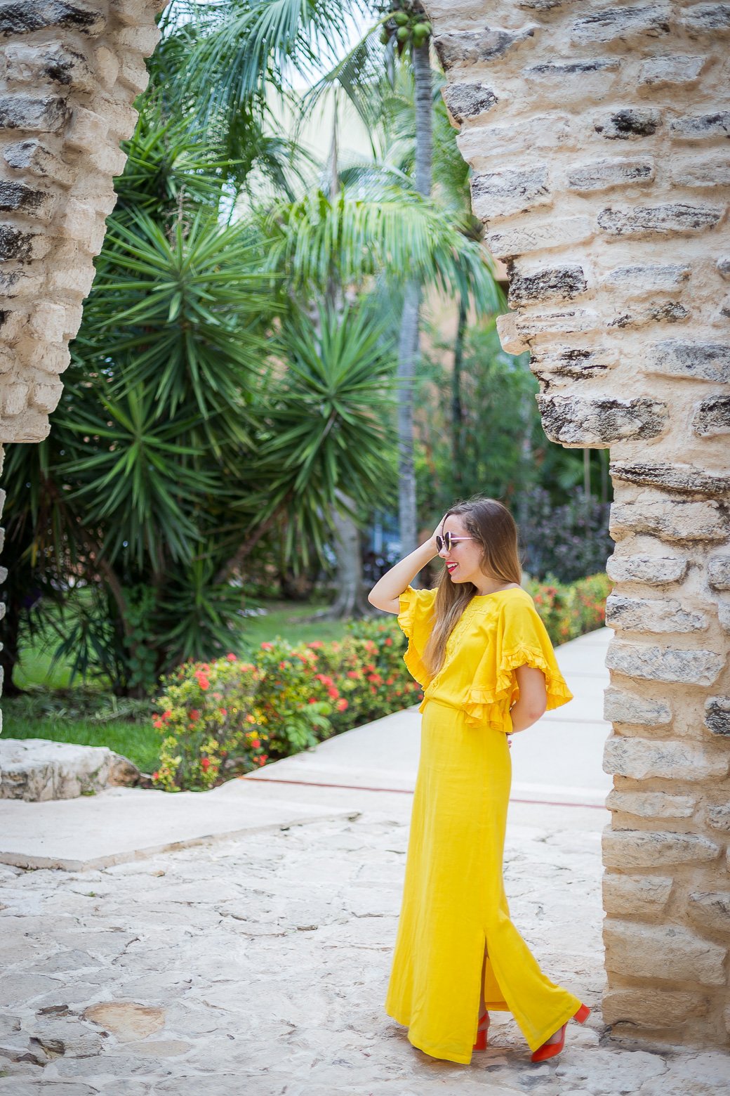 robe longue jaune la redoute à manches volants