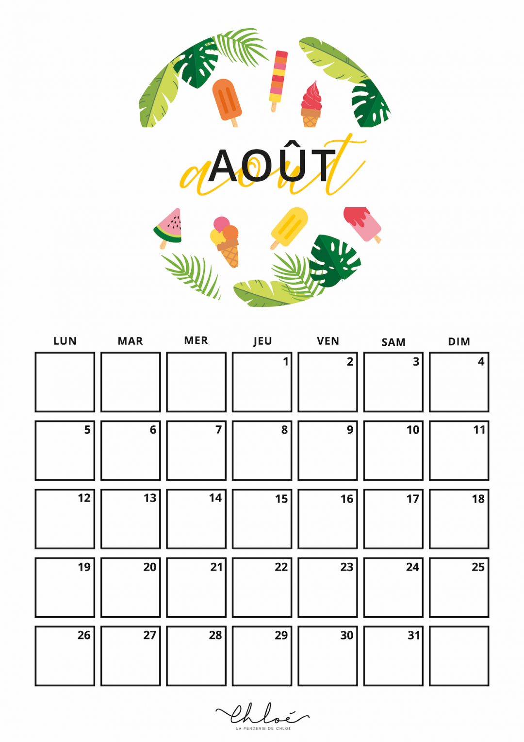 Calendrier Août + Kit à imprimer // La Penderie de Chloé, blog lifestyle