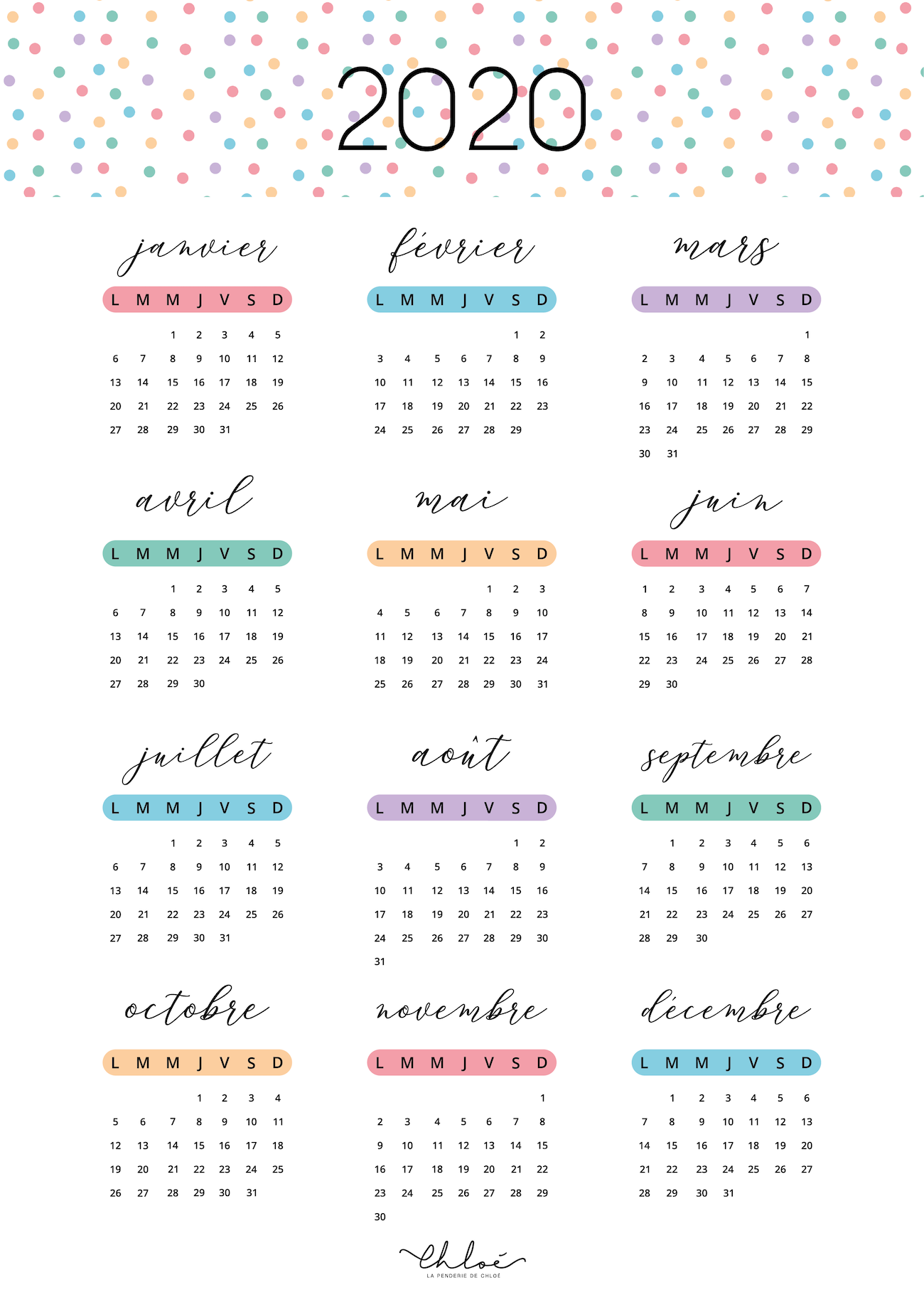 calendrier 2020 à imprimer