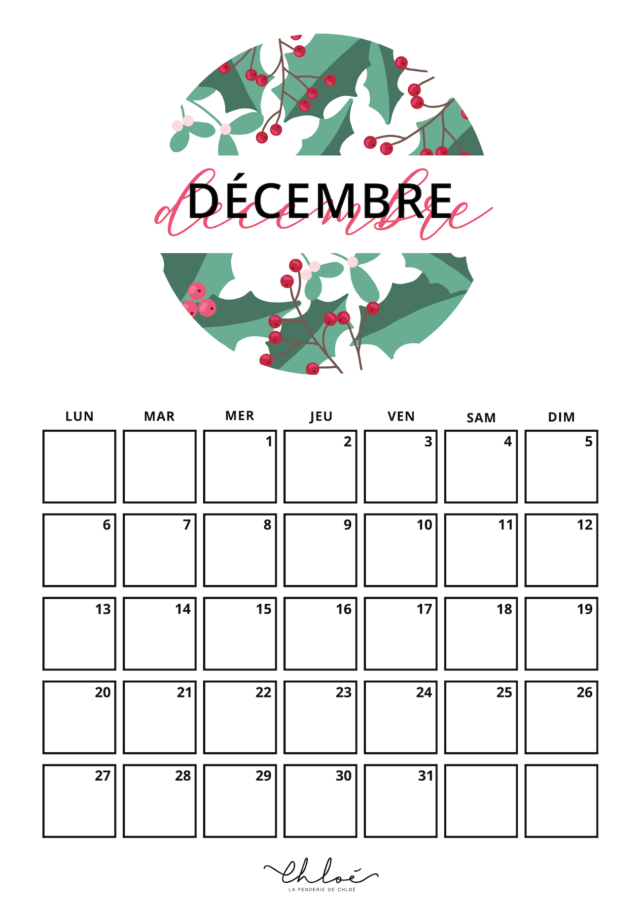 calendrier à imprimer décembre 2021