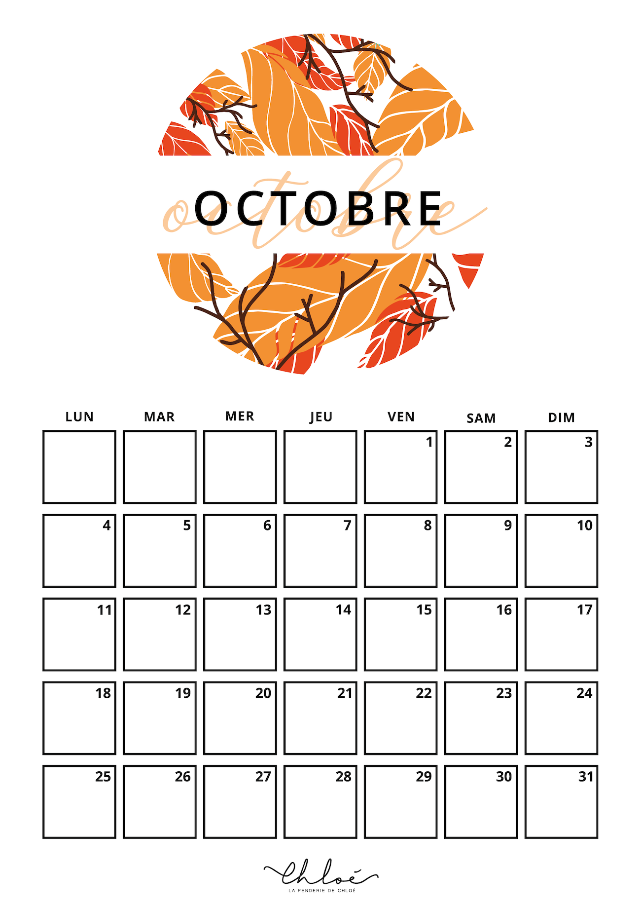 calendrier à imprimer octobre 2021