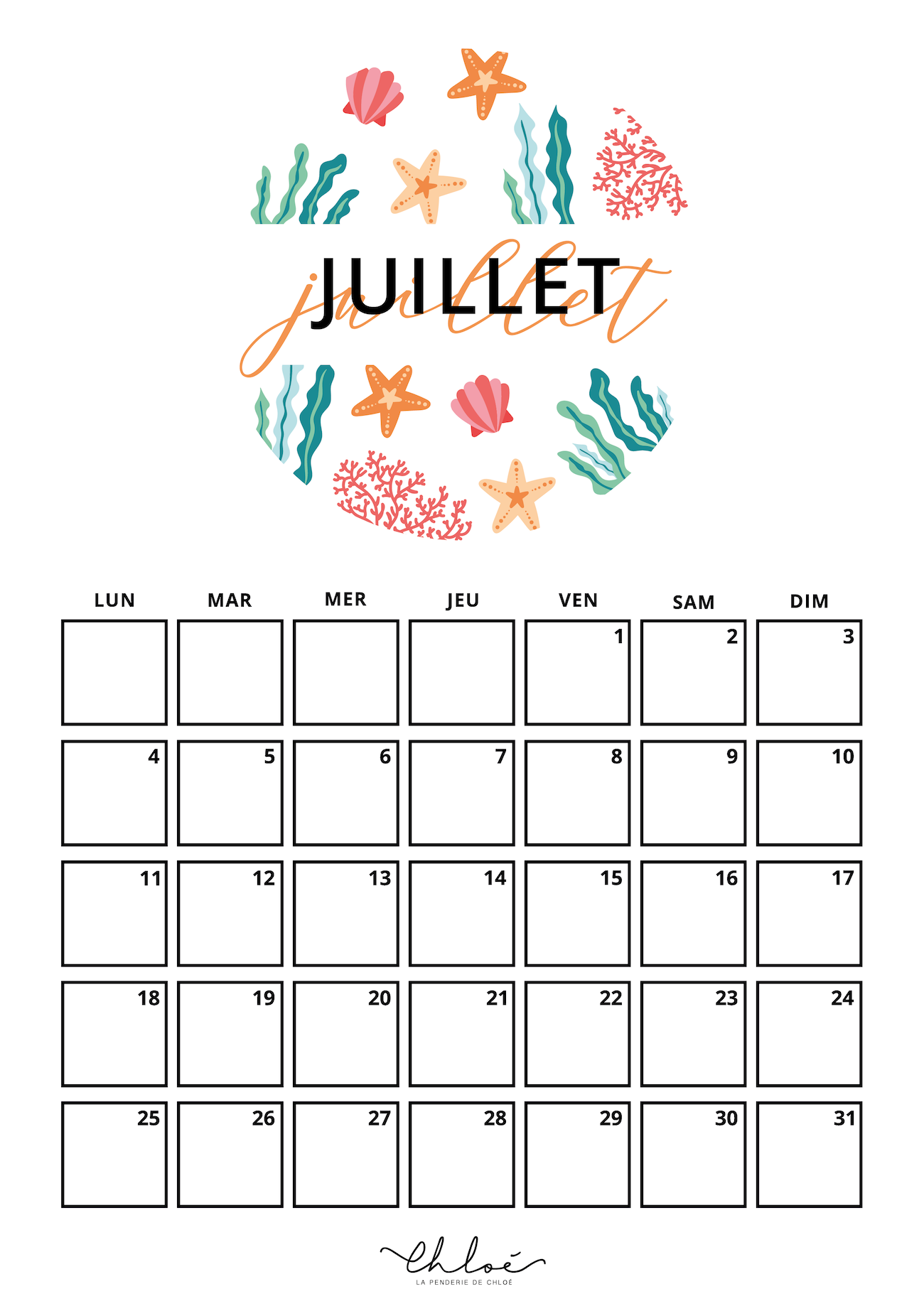 Calendrier Juillet + Kit à imprimer - Blog lifestyle