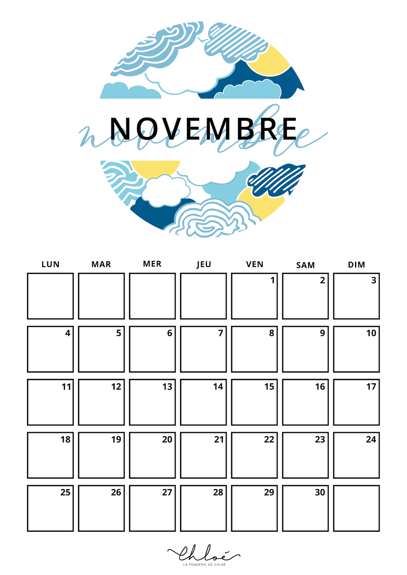 calendrier à imprimer novembre 2024