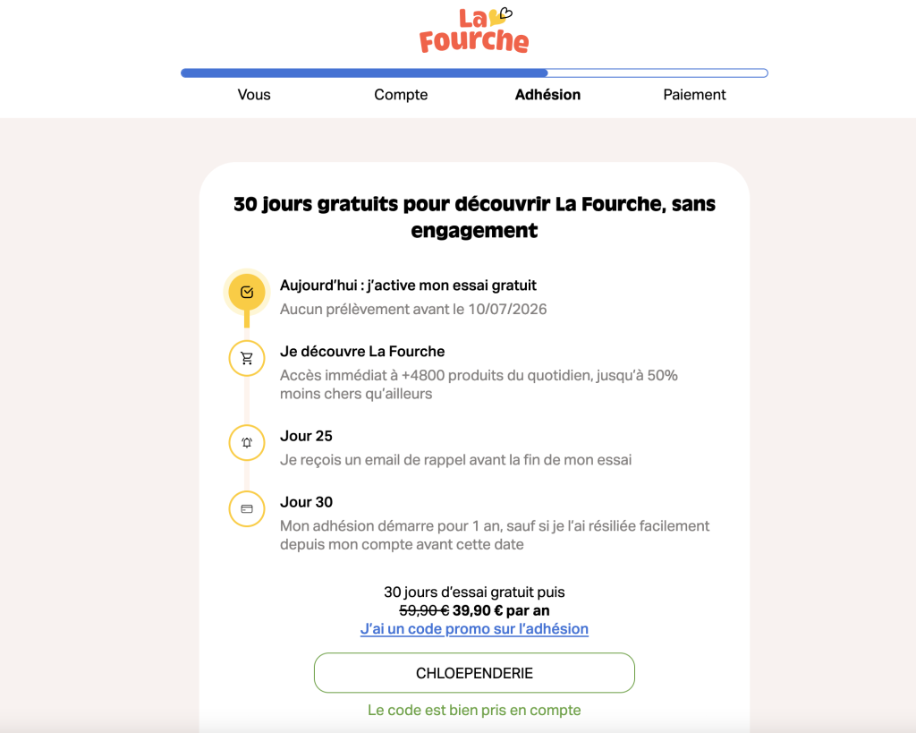 code promo la fourche CHLOE PENDERIE réduction sur l'adhésion épicerie bio en ligne