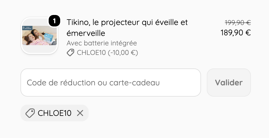 code promo tikino projecteur enfant CHLOE10 offre 10€ de réduction immédiate
